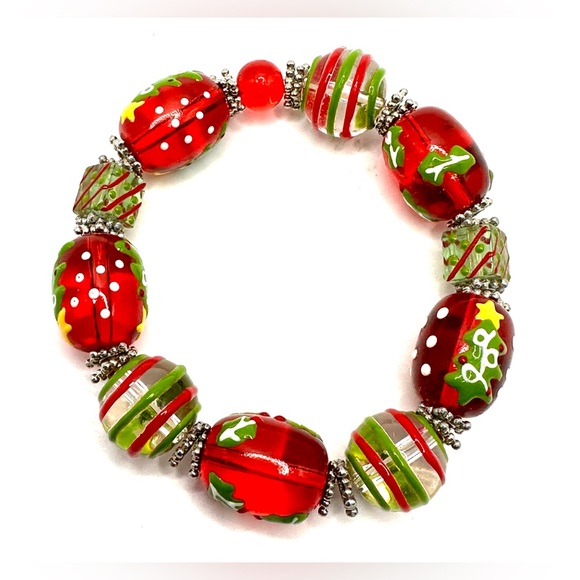 None Jewelry - Beautiful European Glass Bead Elastic Bracelet-Christmas Colors & Theme